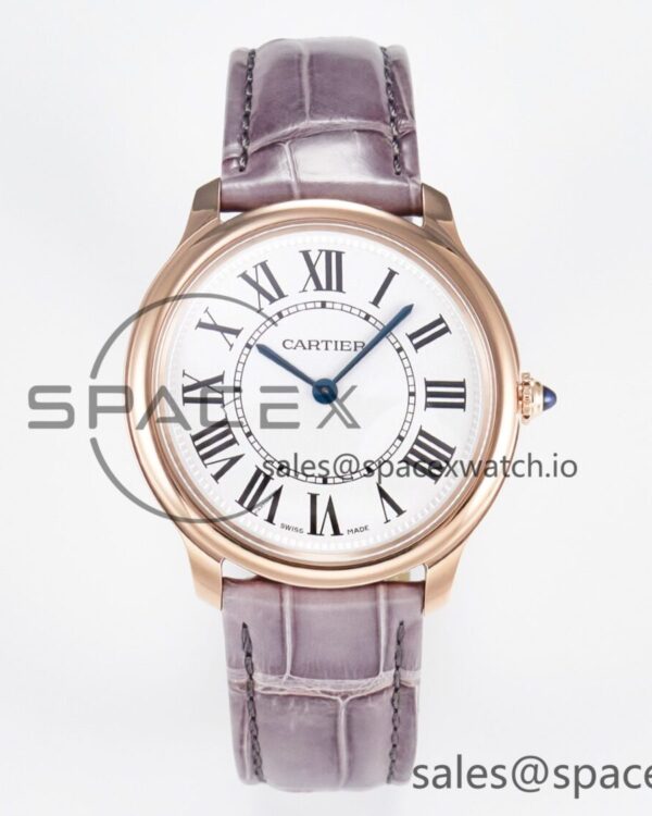 Ronde Louis Cartier 36mm RG DRF reference-accurate Sandblasted Beige Dial on Purple Leather Strap Ronda Quartz — custom-built watch