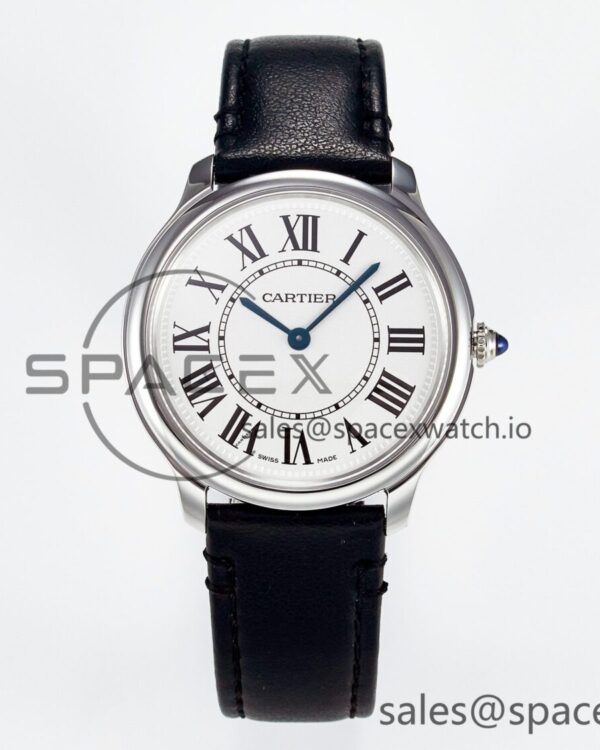 Ronde De Cartier 36mm DRF reference-accurate Sandblasted Silver-Plated White Dial on Black Leather Strap Ronda Quartz — custom-built watch