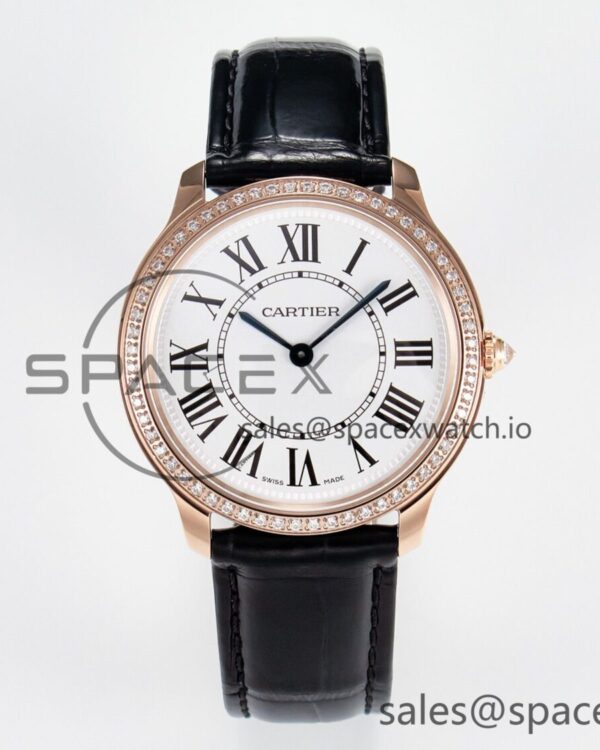 Ronde Louis Cartier 36mm RG DRF reference-accurate Sandblasted Beige Dial Diamonds Bezel on Black Leather Strap Ronda Quartz — custom-built watch