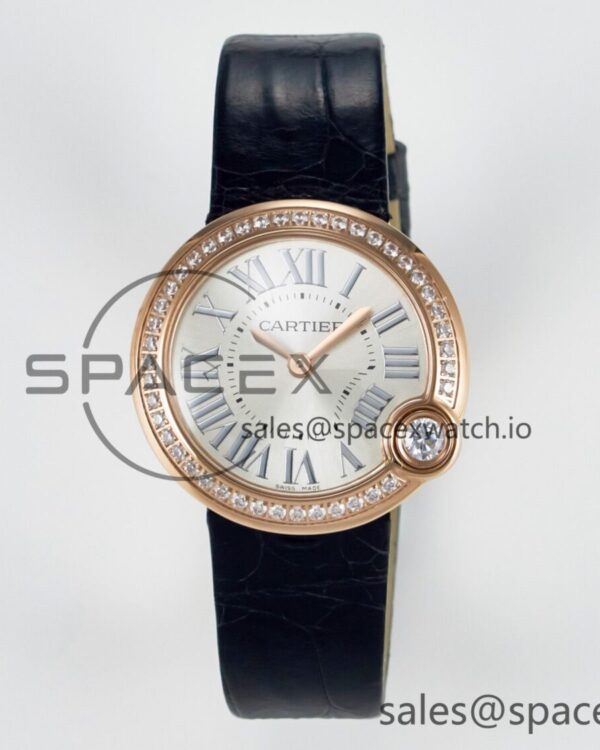 Ballon Blanc De Cartier 30mm RG DRF reference-accurate Silvered Texture Dial Diamonds Bezel on Black Leather Strap Ronda Quartz — custom-built watch