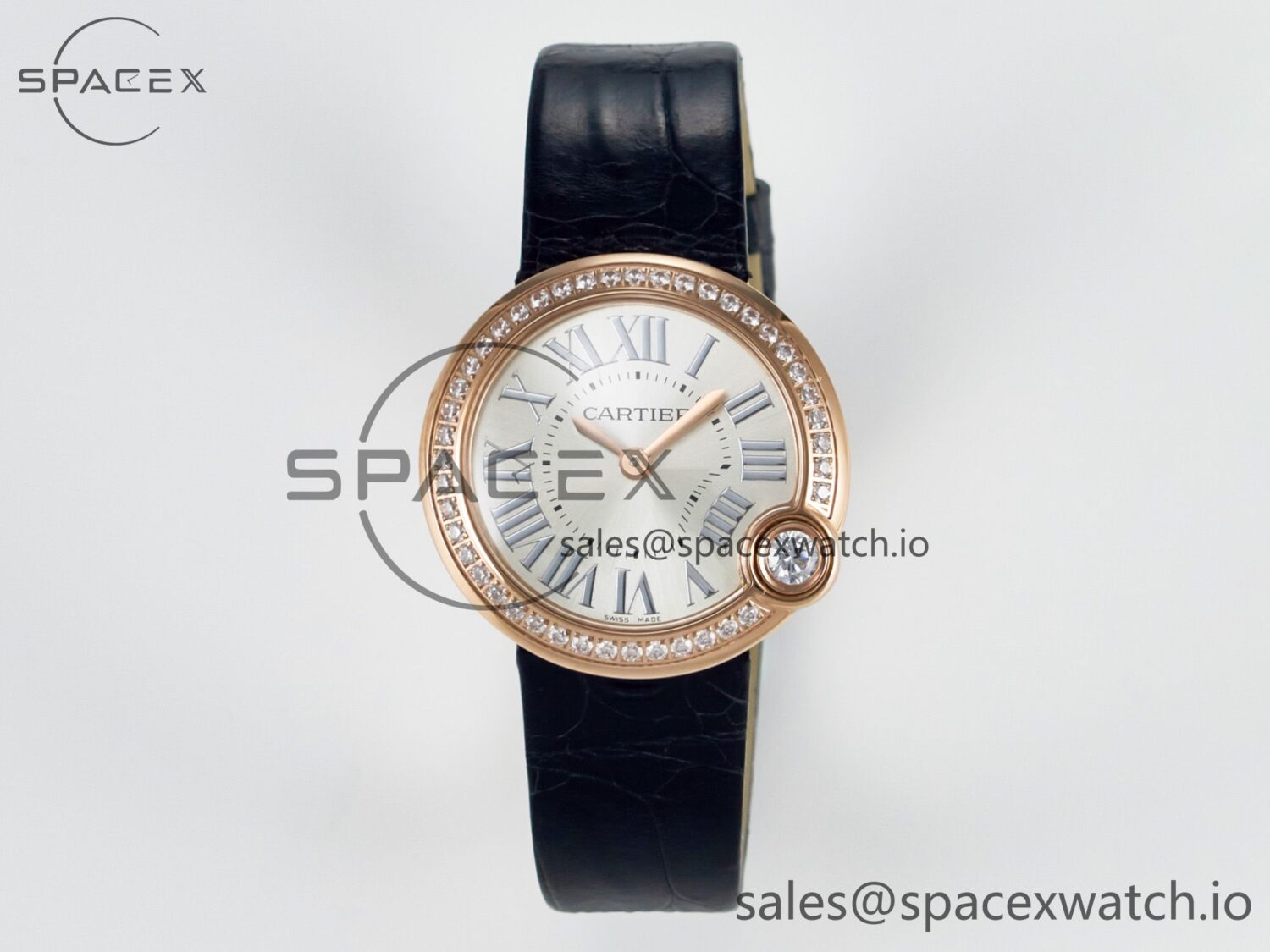 Ballon Blanc De Cartier 30mm RG DRF reference-accurate Silvered Texture Dial Diamonds Bezel on Black Leather Strap Ronda Quartz — custom-built watch