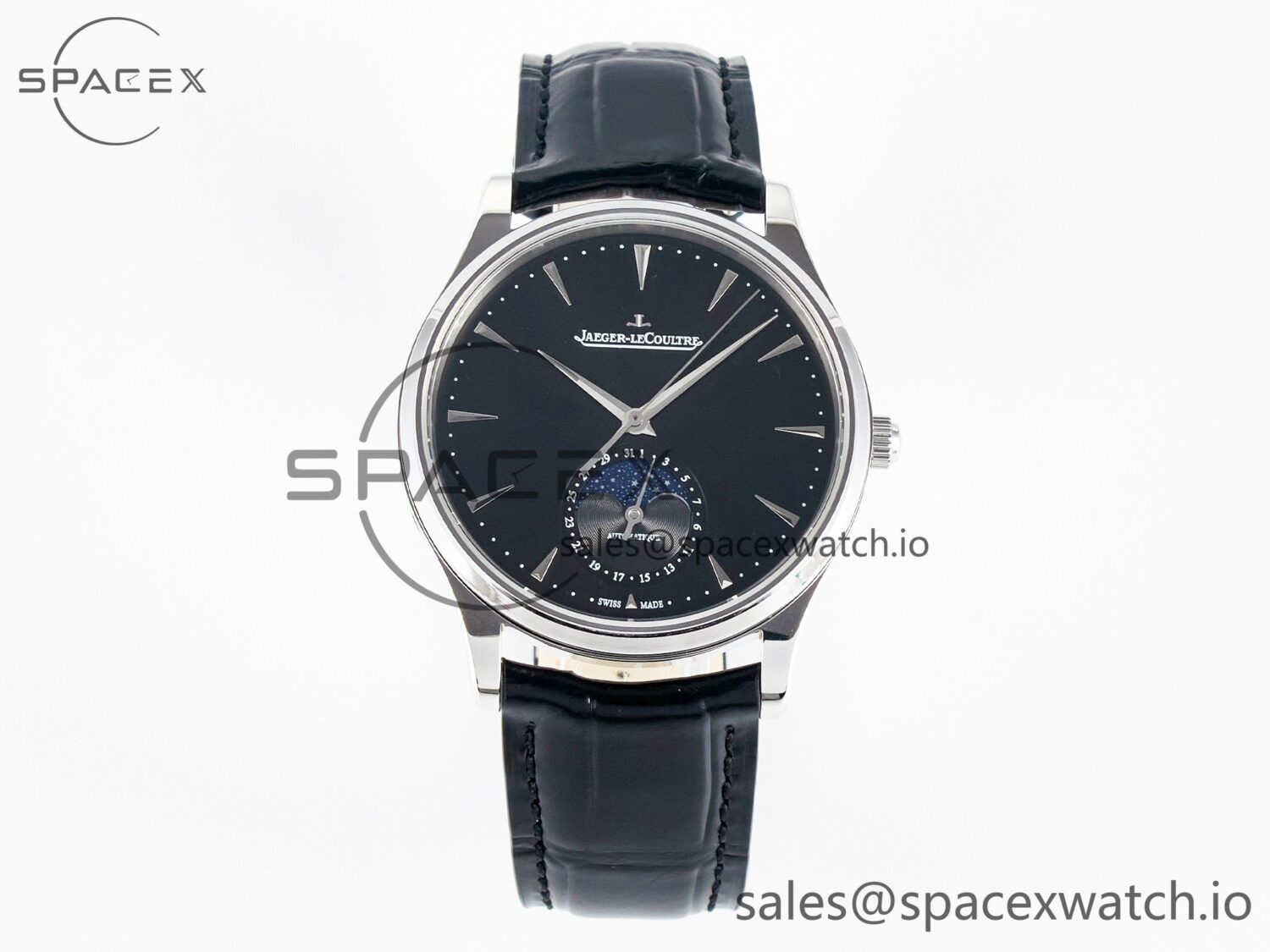 Master Ultra Thin Moon 1368420 SS Z+F reference-accurate Black Dial on Black Leather Strap SA925 hand-finished build — custom-built watch