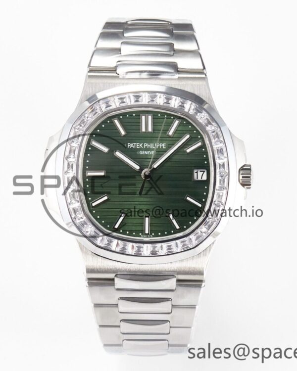 Nautilus 5711 3KF reference-accurate Square Diamonds Bezel Green Dial on SS Bracelet A324 hand-finished build V2 — custom-built watch