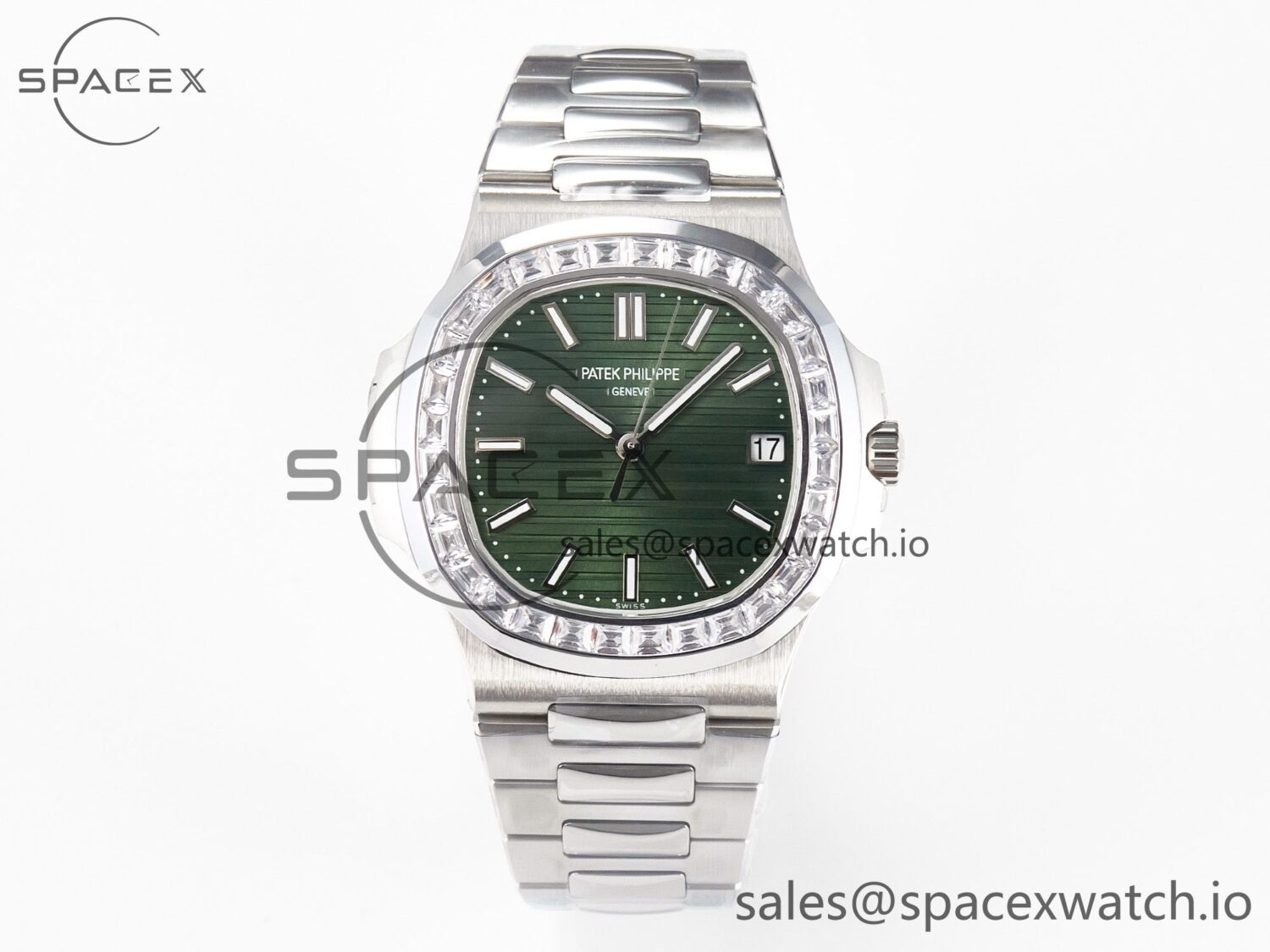 Nautilus 5711 3KF reference-accurate Square Diamonds Bezel Green Dial on SS Bracelet A324 hand-finished build V2 — custom-built watch