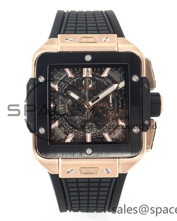 Square Bang Unico 42mm RG BBF reference-accurate Skeleton Dial Ceramic Bezel on Black Rubber Strap A1280 — custom-built watch