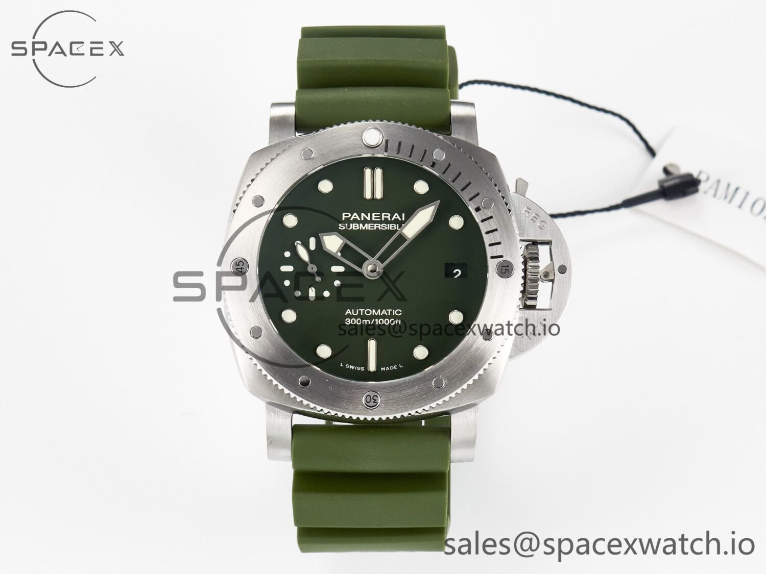 PAM1055 Luminor Submersible 42mm Verde Militare VSF reference-accurate on Green Rubber Strap P.900 build — custom-built watch