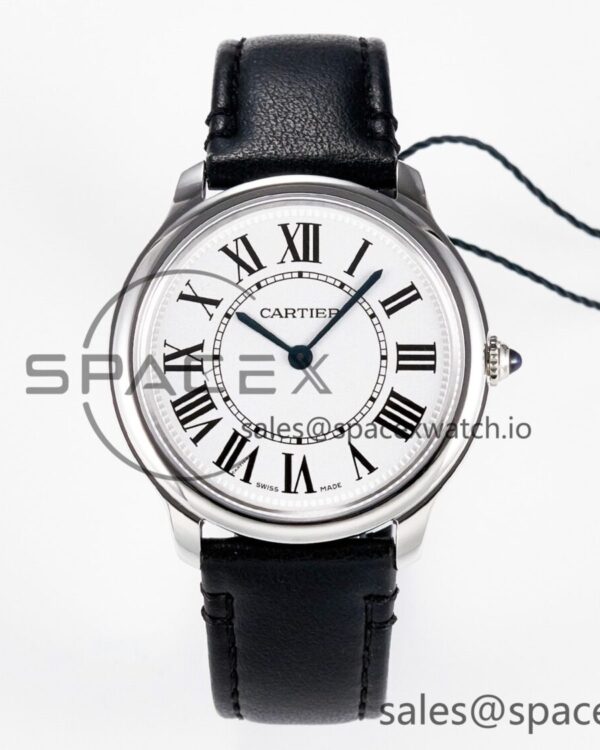 Ronde De Cartier 36mm DRF reference-accurate Sandblasted Silver-Plated White Dial on Black Leather Strap Ronda Quartz — custom-built watch