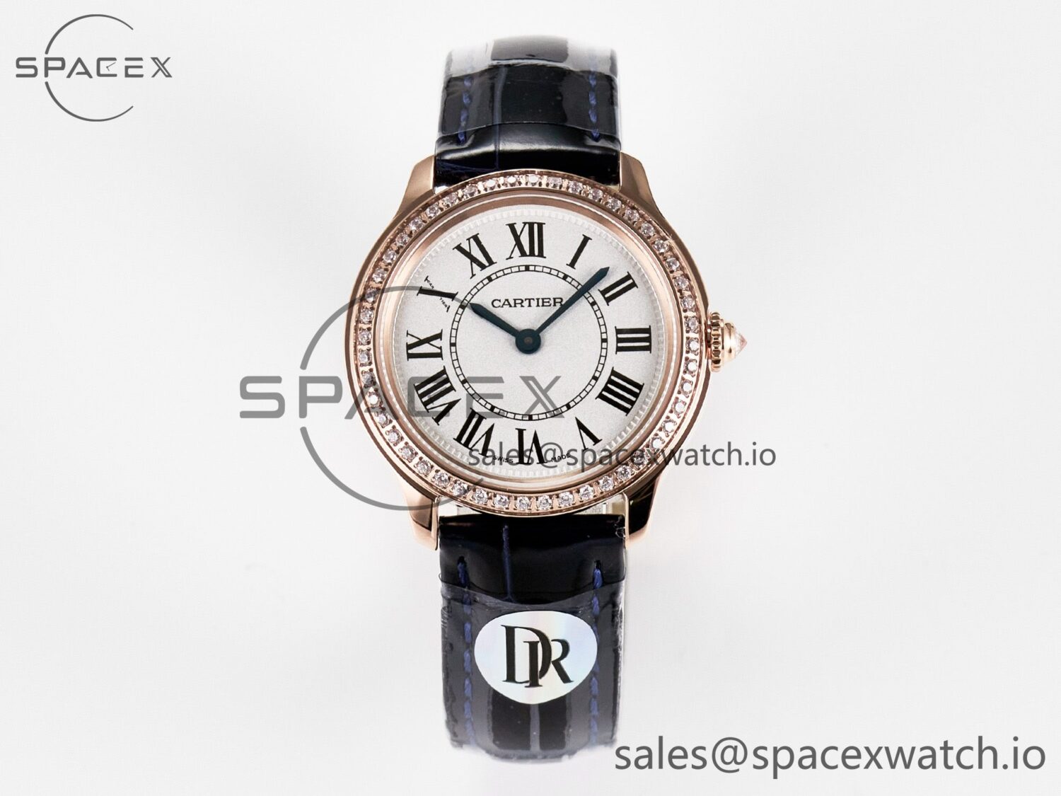 Ronde Louis Cartier 29mm RG DRF reference-accurate Sandblasted Beige Dial Diamonds Bezel on Blue Leather Strap Ronda Quartz — custom-built watch
