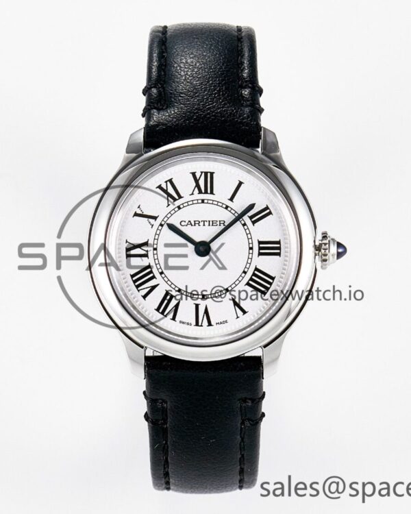 Ronde De Cartier 29mm DRF reference-accurate Sandblasted Silver-Plated White Dial on Black Leather Strap Ronda Quartz — custom-built watch