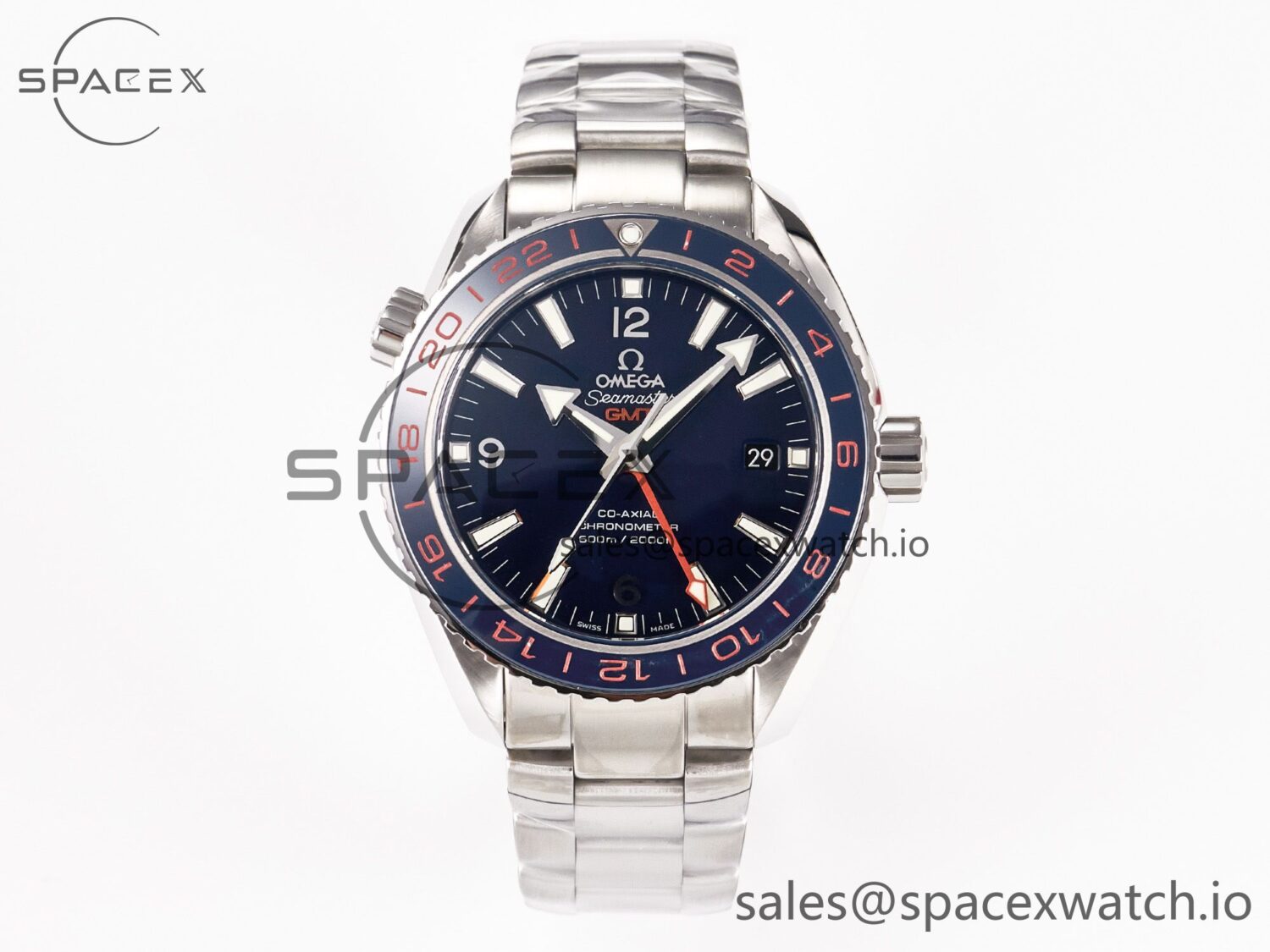 Planet Ocean 600M Co-Axial GMT 43.5mm VSF reference-accurate Blue Dial Blue Ceramic Bezel on SS Bracelet A8605 hand-finished build — custom-built watch