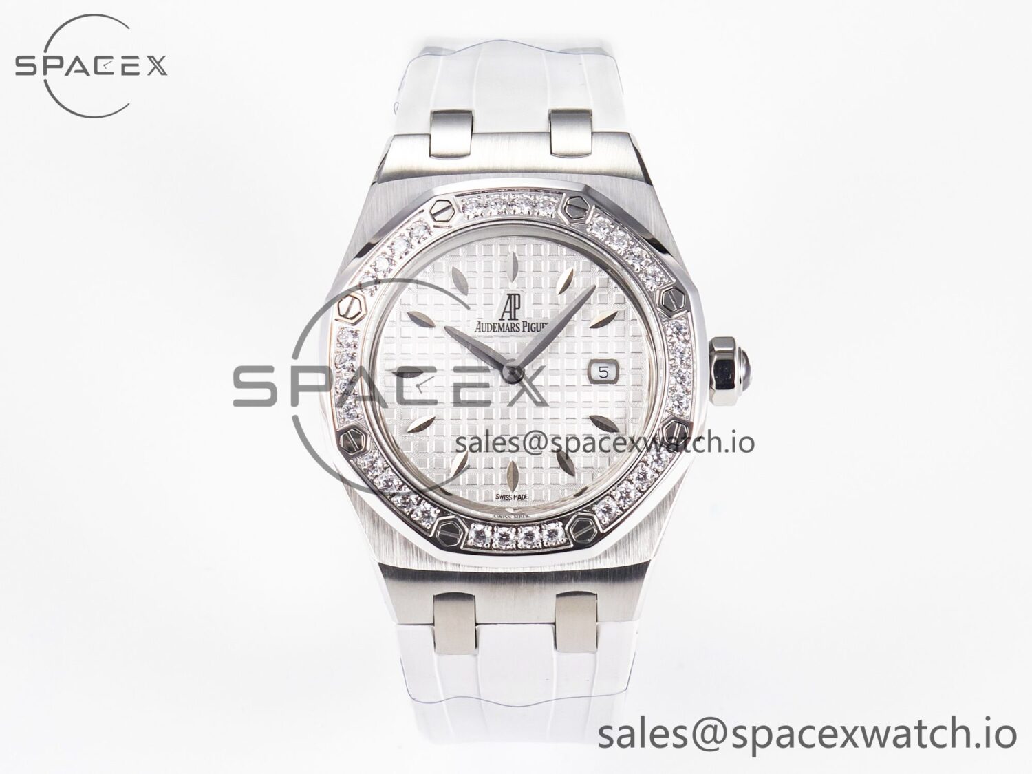 Royal Oak Offshore Ladies 33mm SS DRF Best Edition White Dial Diamonds Bezel on White Rubber Strap ETA Quartz — custom-built watch