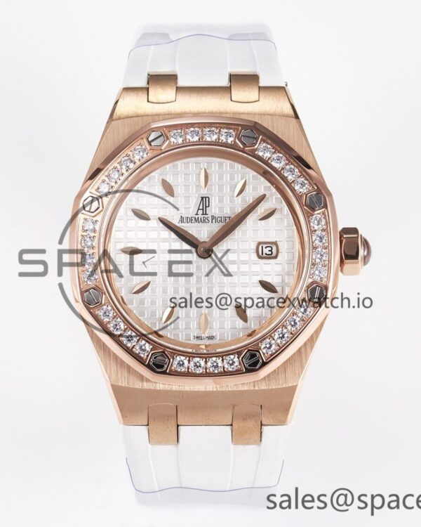 Royal Oak Offshore Ladies 33mm RG DRF Best Edition White Dial Diamonds Bezel on White Rubber Strap ETA Quartz — custom-built watch