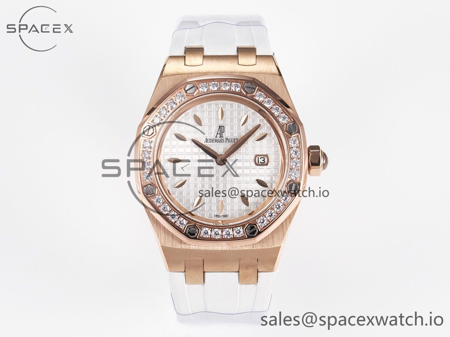 Royal Oak Offshore Ladies 33mm RG DRF Best Edition White Dial Diamonds Bezel on White Rubber Strap ETA Quartz — custom-built watch