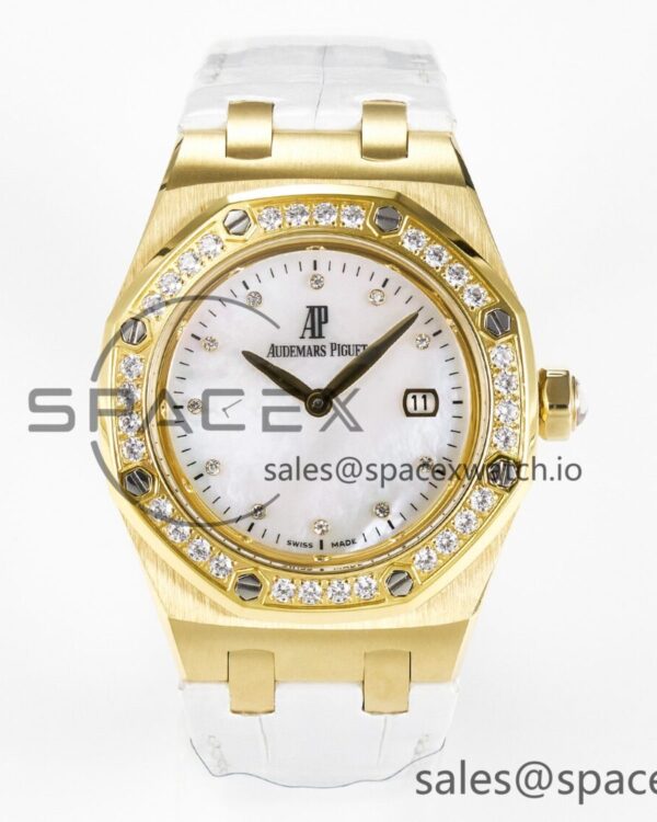 Royal Oak Ladies 33mm YG DRF Best Edition MOP Dial Diamonds Bezel on White Rubber Strap ETA Quartz — custom-built watch