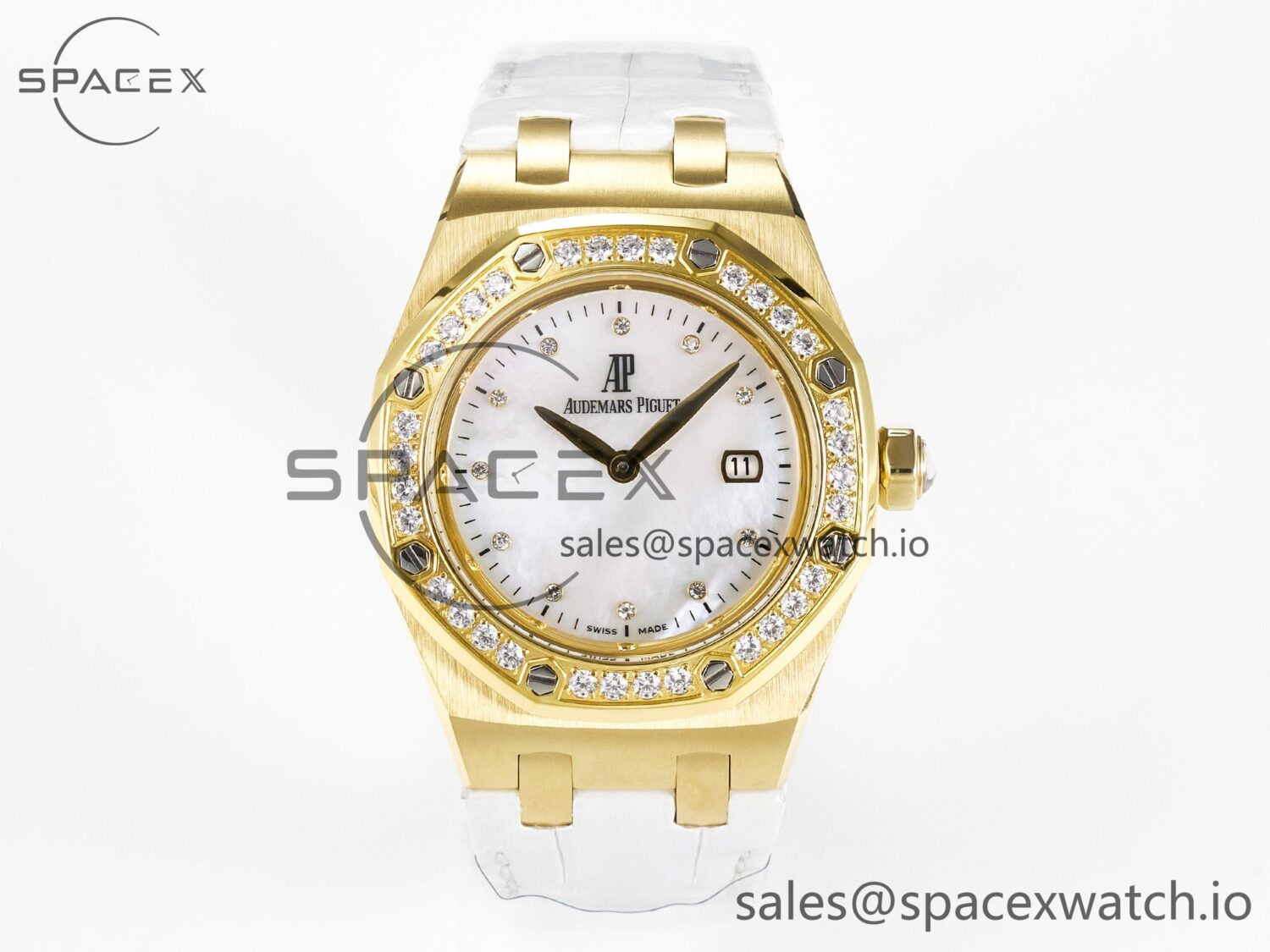 Royal Oak Ladies 33mm YG DRF Best Edition MOP Dial Diamonds Bezel on White Rubber Strap ETA Quartz — custom-built watch