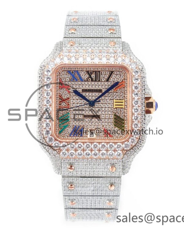 Santos De 40mm TWF reference-accurate Rainbow Diamond Dial SS/RG Dia/Rmn A2824 — custom-built watch