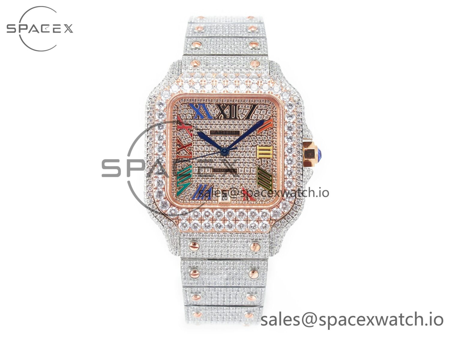 Santos De 40mm TWF reference-accurate Rainbow Diamond Dial SS/RG Dia/Rmn A2824 — custom-built watch