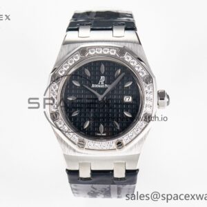 1Royal Oak Offshore Ladies 33mm SS DRF Best Edition Black Dial Diamonds Bezel on Black Leather Strap ETA Quartz — custom-built watch