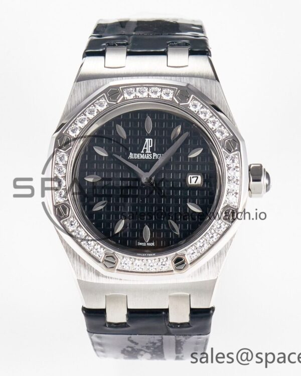 1Royal Oak Offshore Ladies 33mm SS DRF Best Edition Black Dial Diamonds Bezel on Black Leather Strap ETA Quartz — custom-built watch