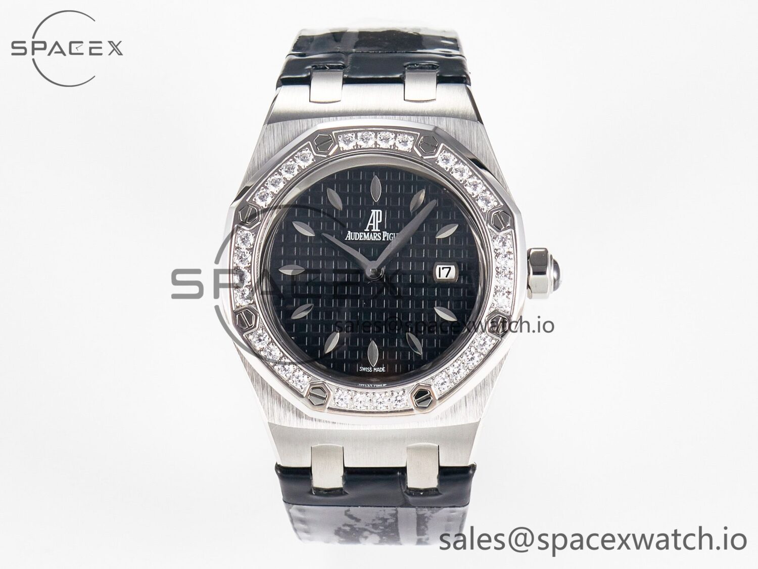 1Royal Oak Offshore Ladies 33mm SS DRF Best Edition Black Dial Diamonds Bezel on Black Leather Strap ETA Quartz — custom-built watch