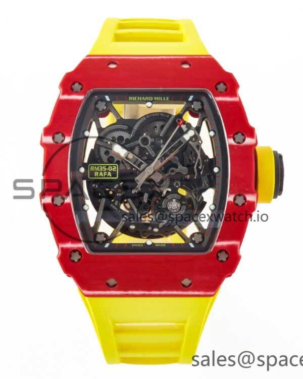 RM035 Red Carbon SONIC Best Edition Skeleton Dial on Yellow Rubber Strap build RMUL2 V2 — custom-built watch