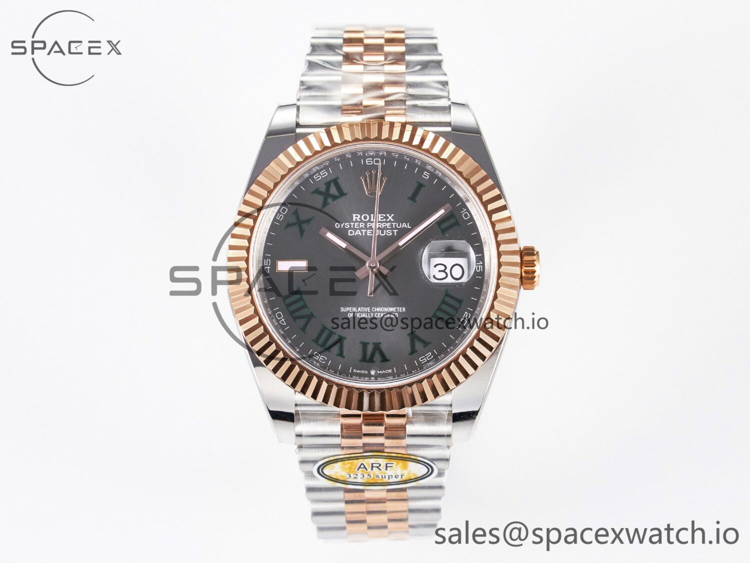 DateJust 41 126331 ARF reference-accurate 904L Steel Gray Dial Green Roman Marker on SS/RG Jubilee Bracelet SH3235(Gain Weight) — custom-built watch
