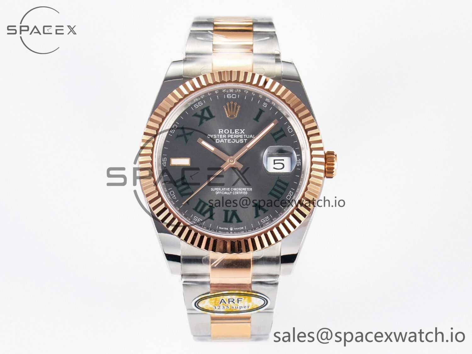 DateJust 41 126331 ARF reference-accurate 904L Steel Gray Dial Green Roman Marker on SS/RG Oyster Bracelet SH3235(Gain Weight) — custom-built watch