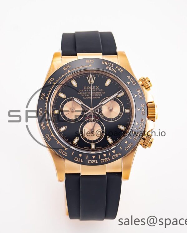 Daytona 116515 RG Clean Factory reference-accurate Black Ceramic Bezel Black Stick Dial on Oysterflex Rubber Strap A4130 — custom-built watch