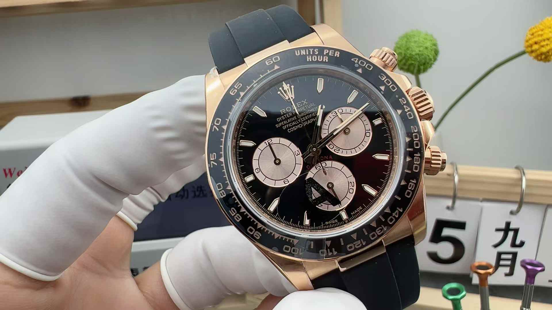VS Factory Rolex Daytona 126515 4131 movement rose gold counterweight Di rubber strap black plate