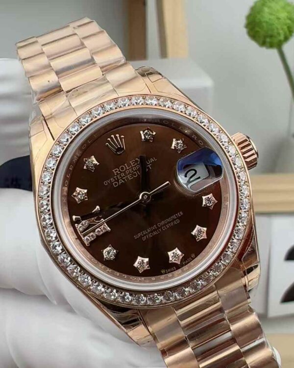 GS Factory Rolex Log 278285 Deep Brown Face Diamond Ring Rose Gold 28MM Women's Five-Baht Belt