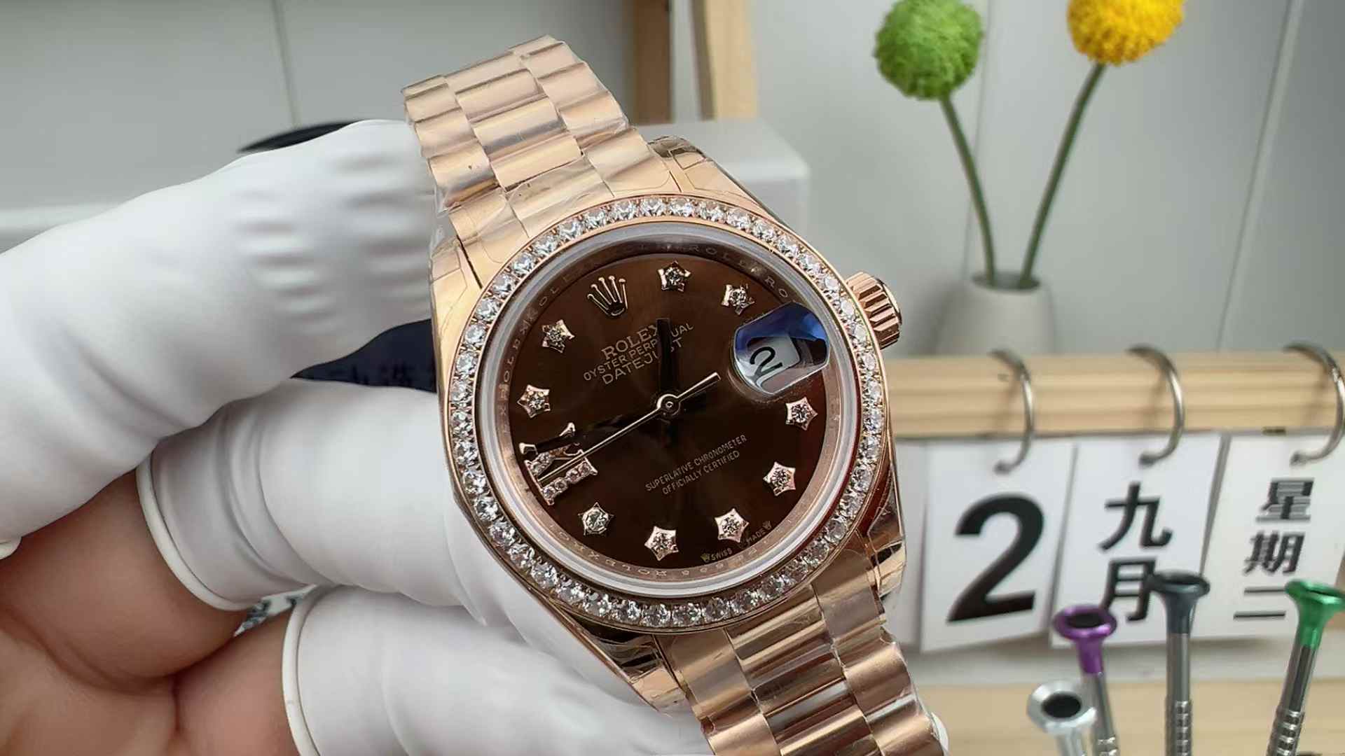 GS Factory Rolex Log 278285 Deep Brown Face Diamond Ring Rose Gold 28MM Women's Five-Baht Belt