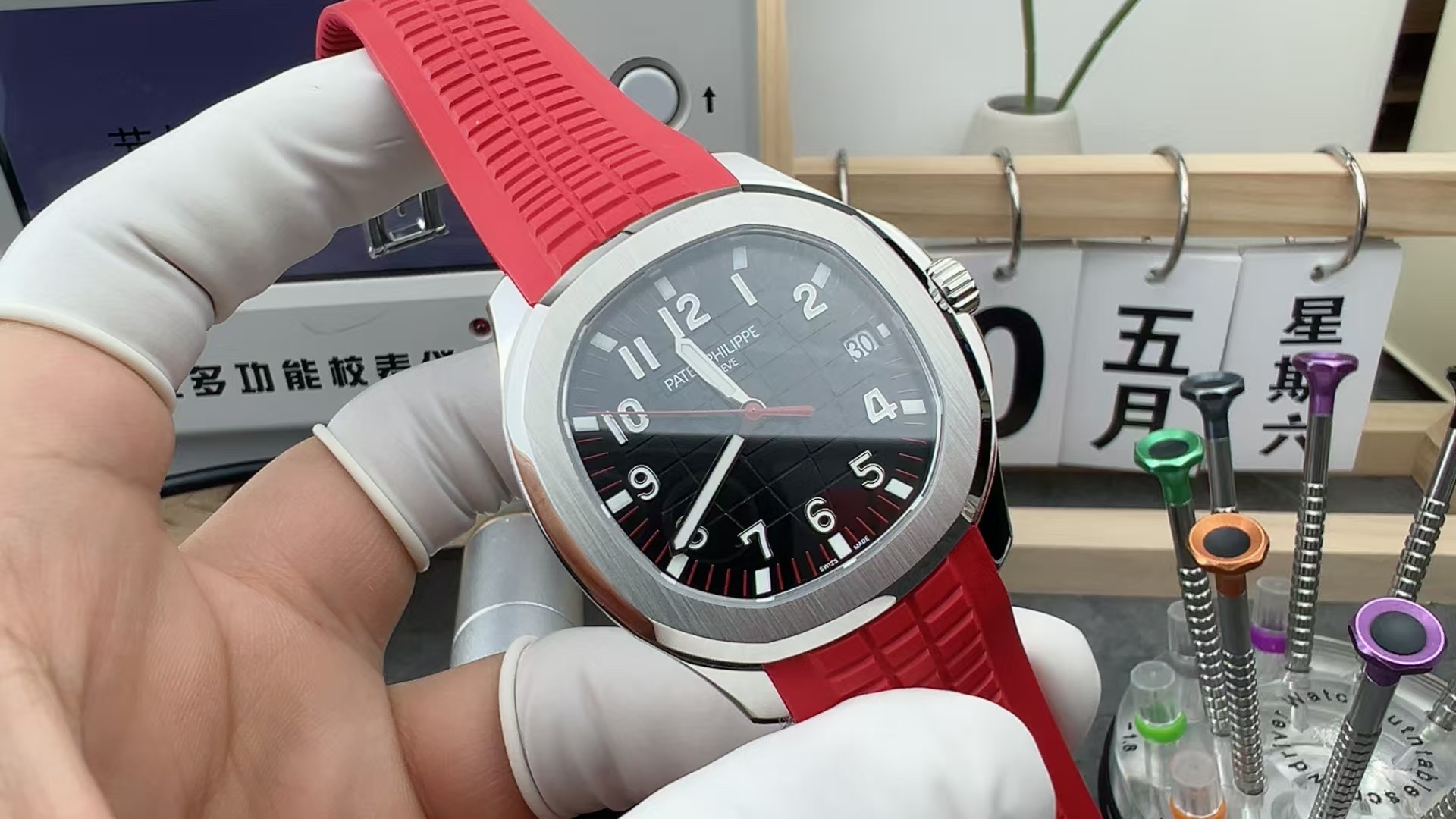 BBF Patek Philippe grenade red rubber strap black plate