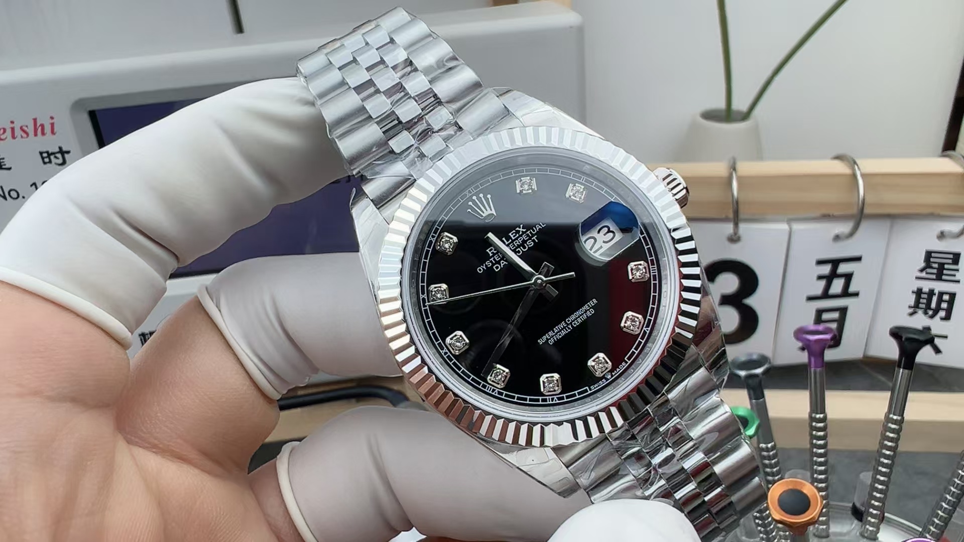 EWE Rolex black diamond diary five-baht strap black plate