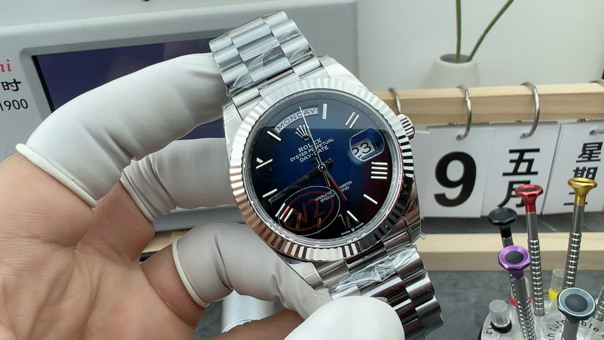 VS Weighted Rolex Week Journal Five Baht Strap Blue Roman Dial
