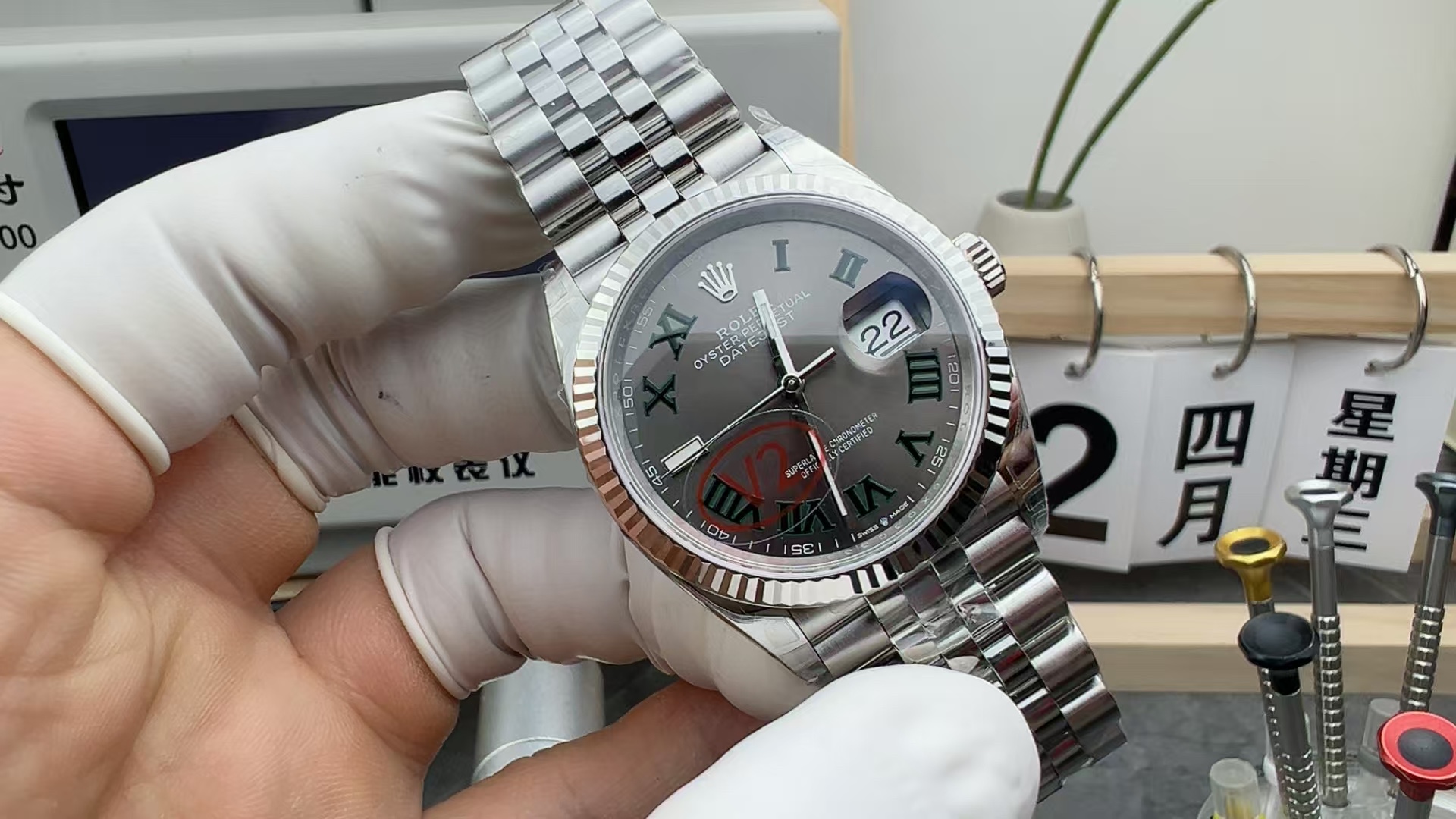 VS Rolex 36 Green Rose V2 Steel Belt Gray Plate