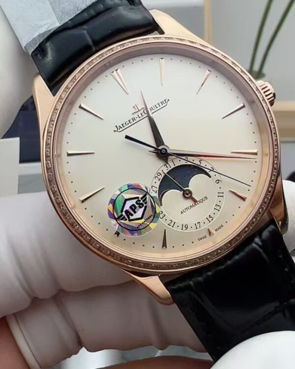 APS Jaeger-LeCoultre rose gold diamond ring moon phase master ivory white plate