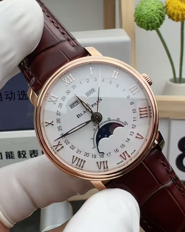 MKS Blancpain rose gold moon phase 6654 belt white plate