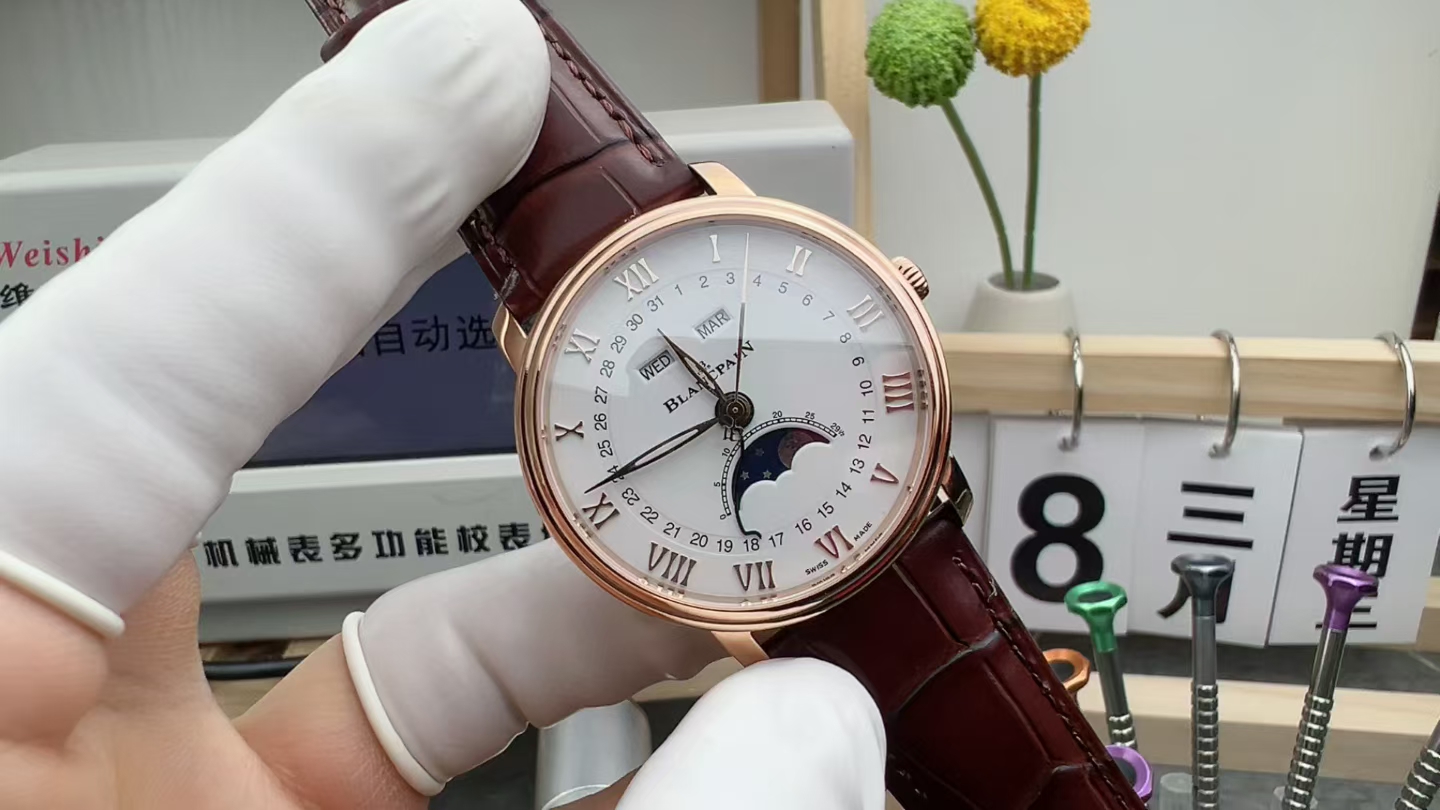 MKS Blancpain rose gold moon phase 6654 belt white plate