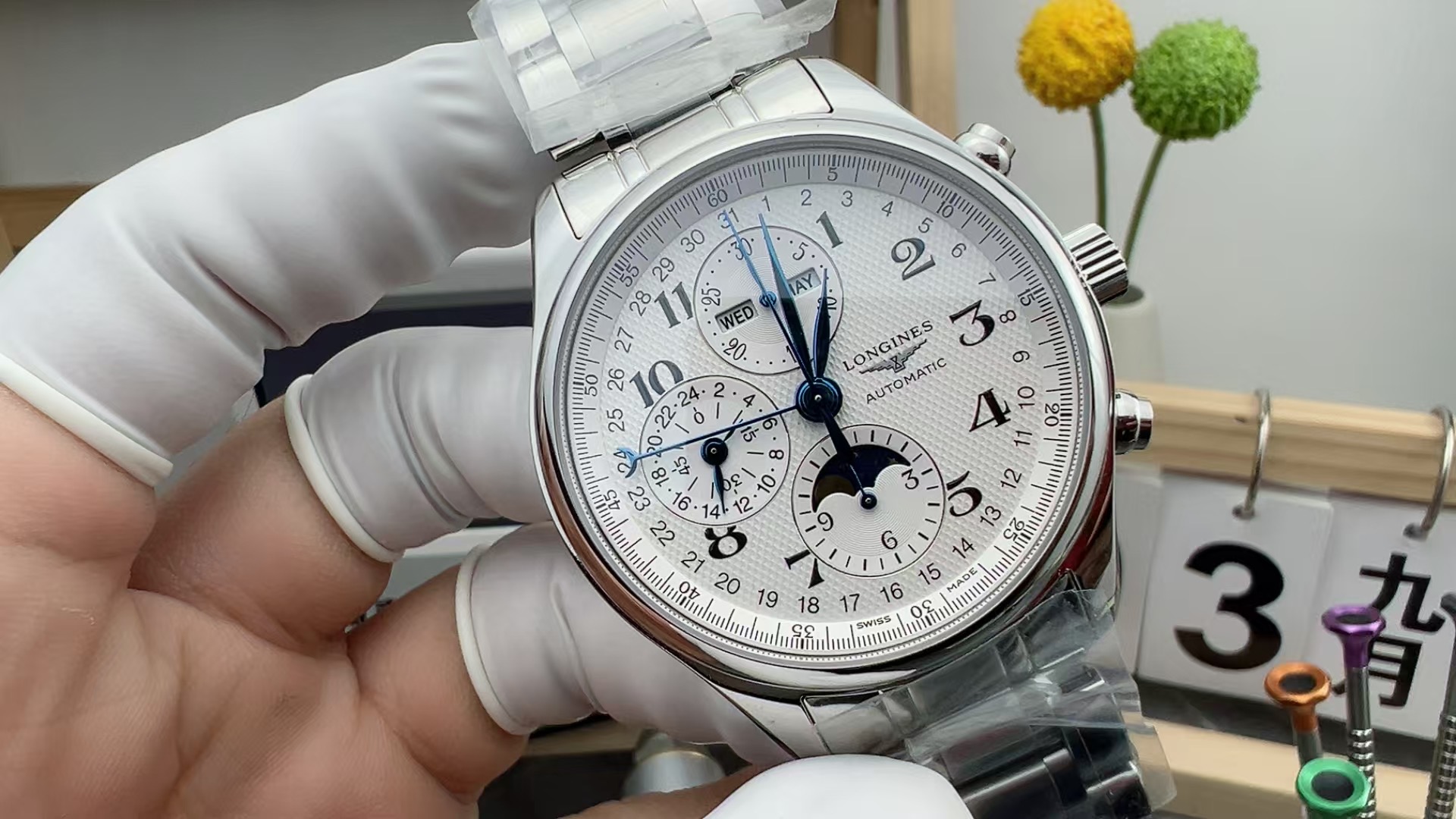 GS Longines Eight Needle Moon Phase Steel strip white plate