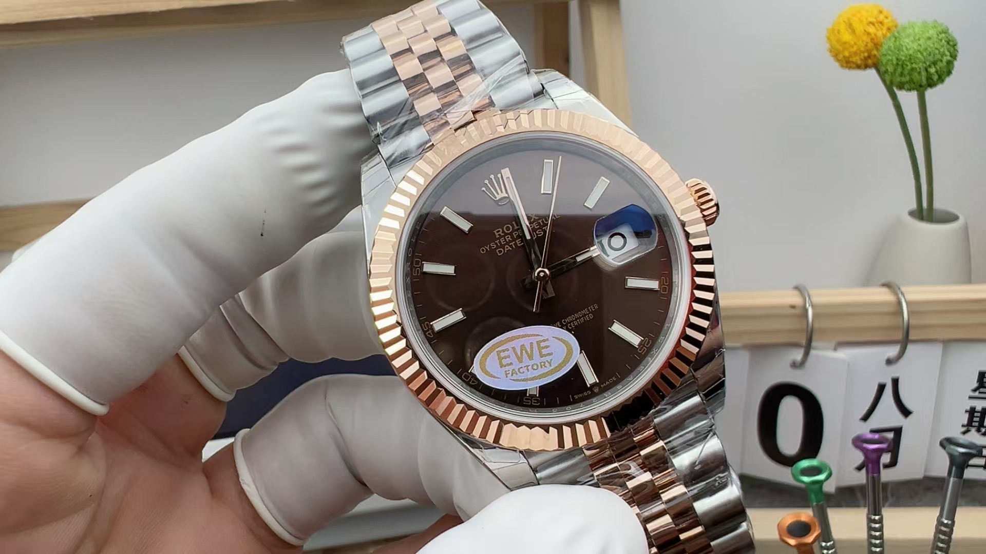 EWE Rolex inter-rose gold women's diary steel belt brown plate
