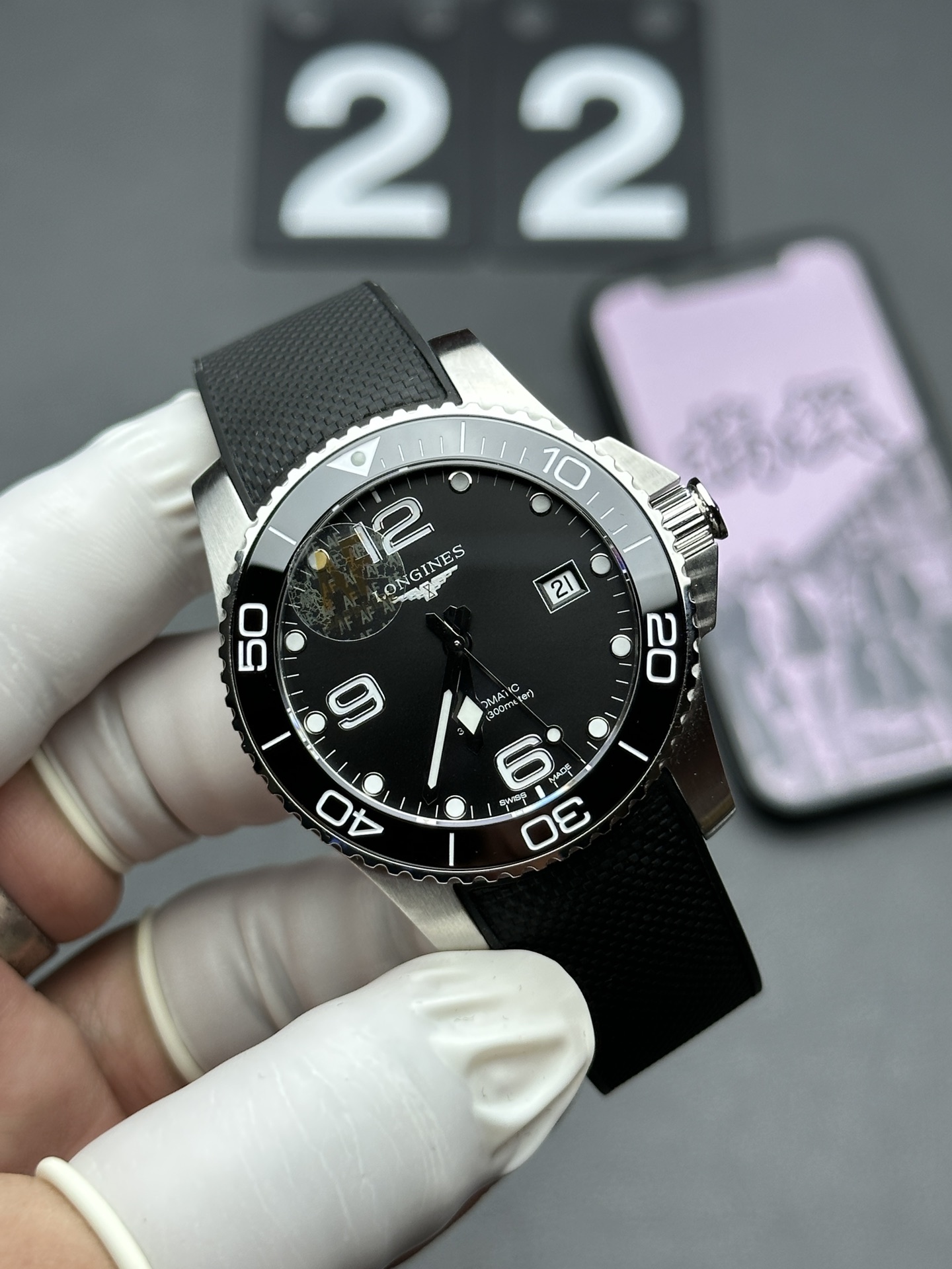 AF Longines Concas black disc tape rubber strap