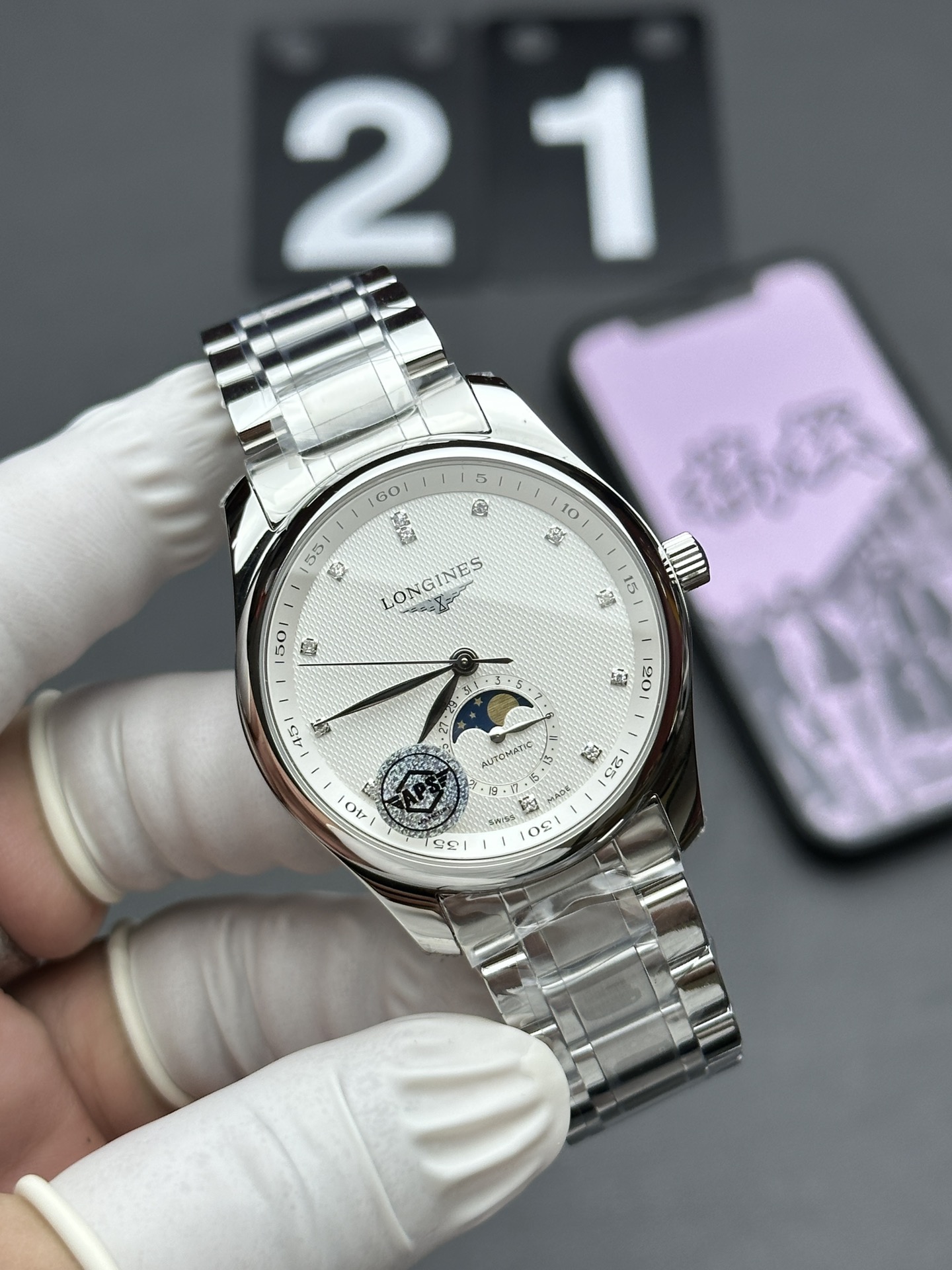 APS Longines famous craftsman moon-phase steel strip white plate