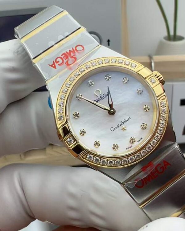 Original order Omega women's constellation room, gold diamond circle, gold steel belt and white plate
