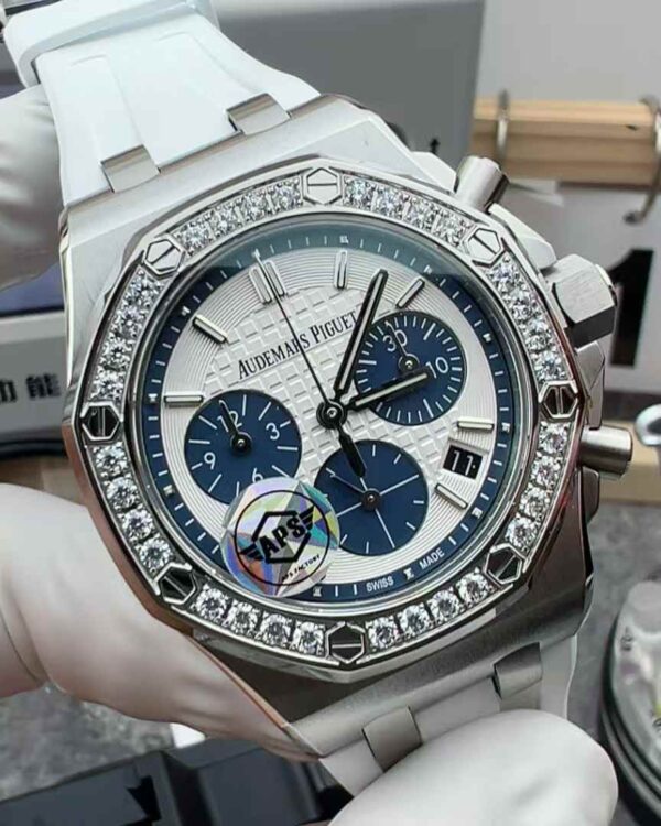 APS Factory Audemars Piguet Royal Oak 26231 Prince Wen women's steel ring drill rubber belt white plate blue auxiliary plate