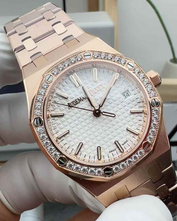 8F Audemars Piguet Royal Oak 15001 Diamond Loop Rose Gold Women Steel Band White Plate