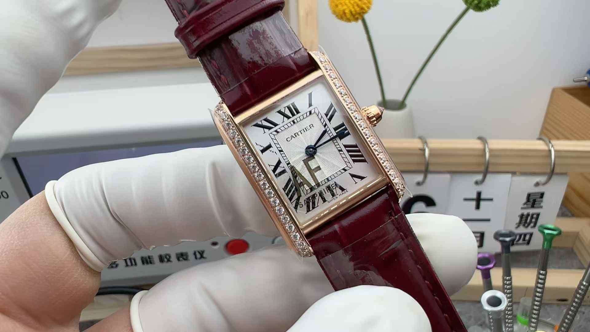 AF factory Cartier tank rose gold diamond ring white mother-of-pearl belt shell plate