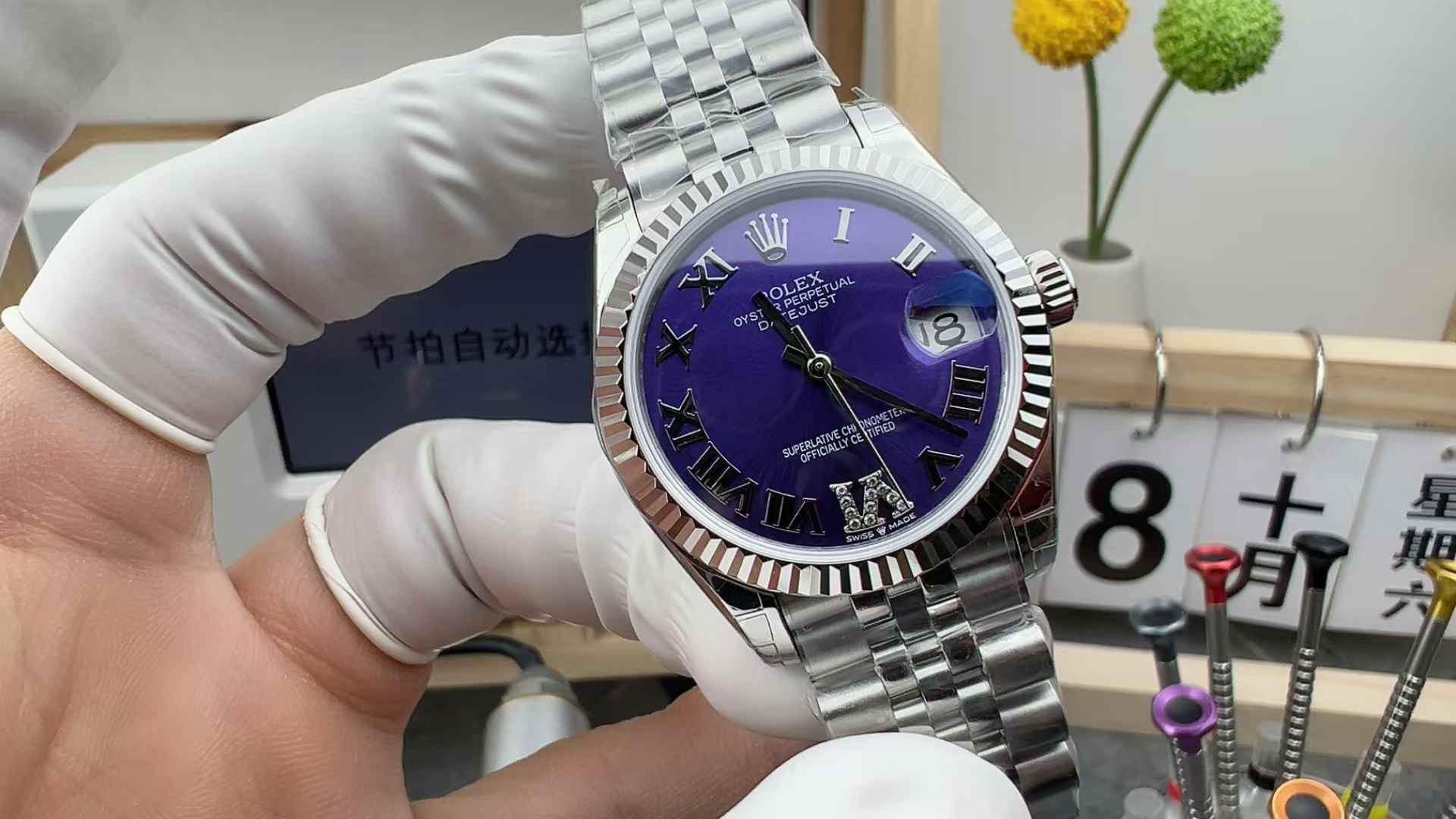 GS Factory Rolex Log 278274 Blue and Purple Face Drill Nails 31MM Women's Steel Band