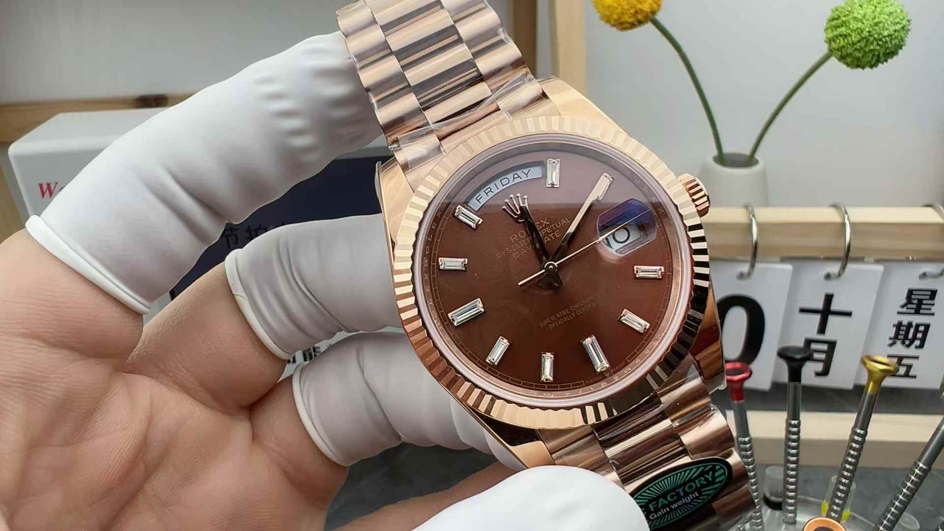 RC Factory Rolex Log M228236 DD Weighted Coffee Noodle Rock Sugar Diamond Rose Gold 40MM Steel Strip