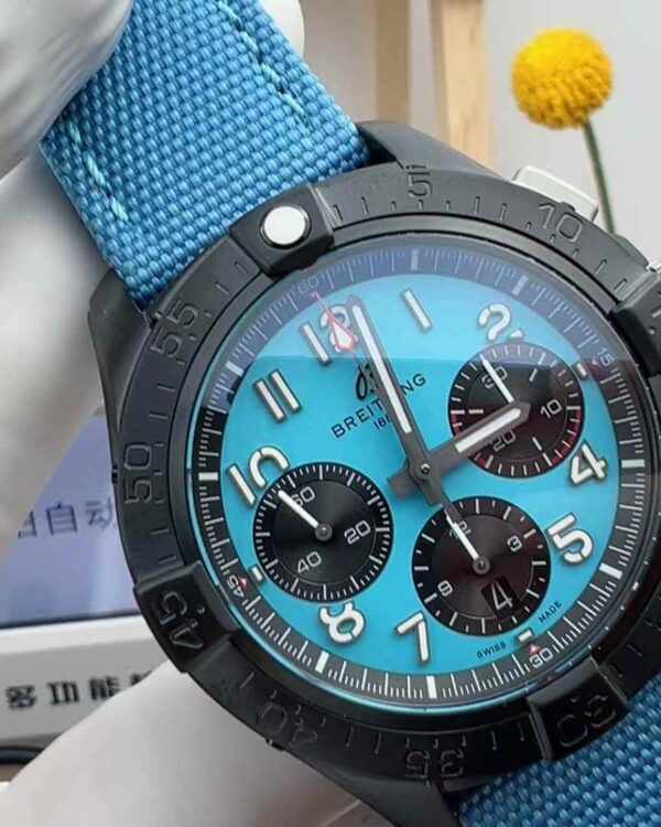BLS Factory Breitling Avengers turquoise blue face black ceramic ring 42MM canvas belt
