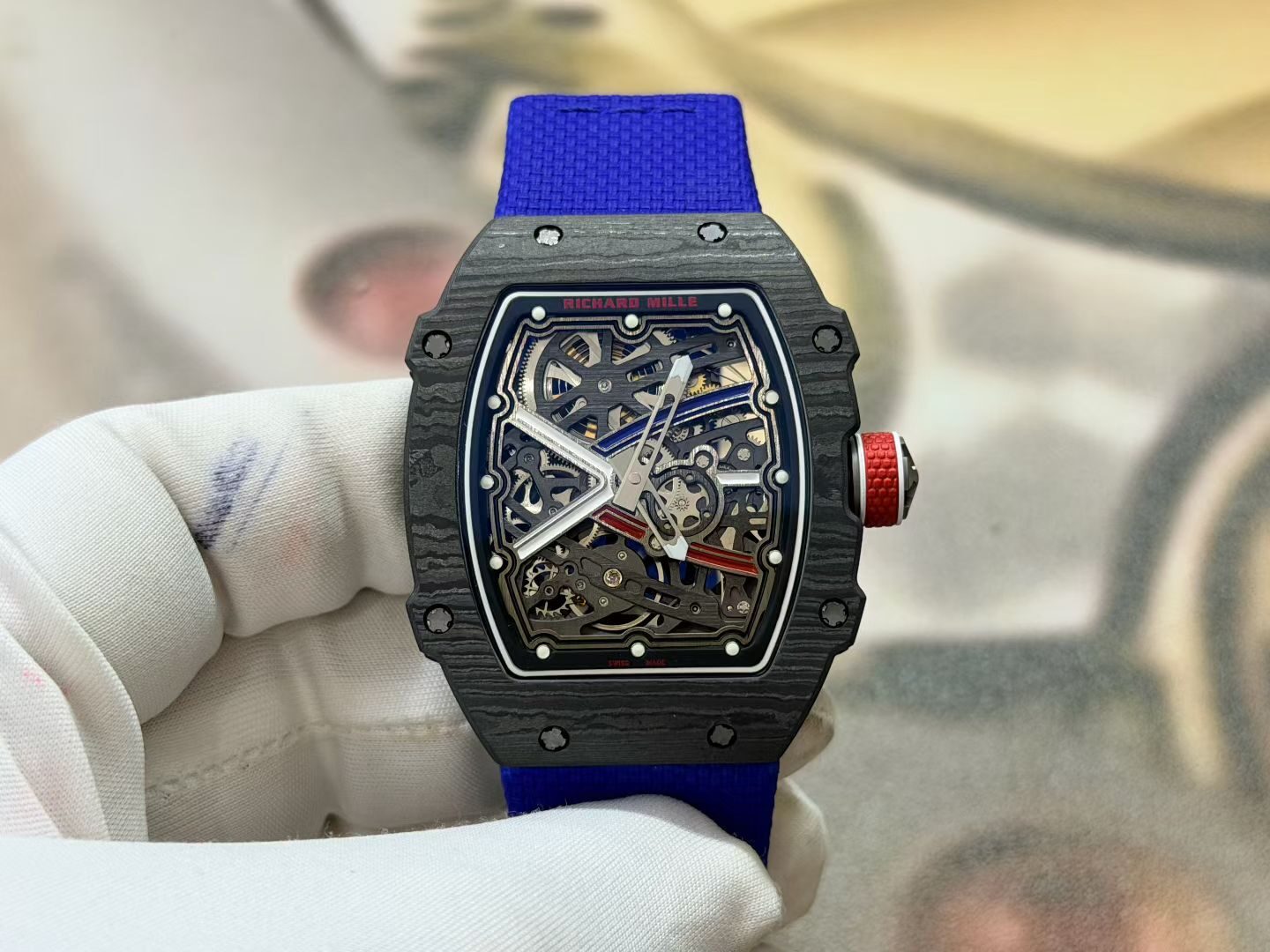 Richard Mille 67-02 French Sport, reference-accuratecustom CRMA7 movement, imported carbon fiber case, blue nylon strap — custom-built watch